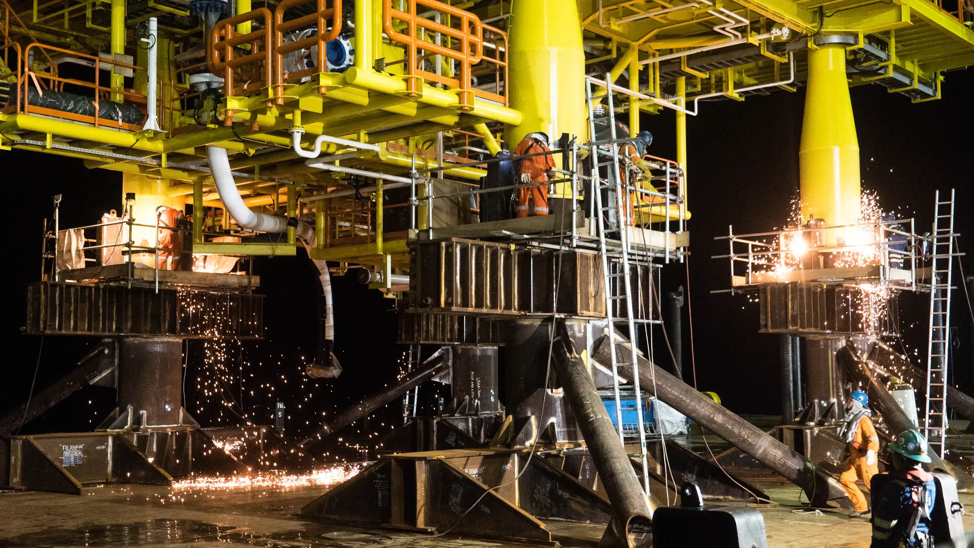 Offshore energy construction and welding at night