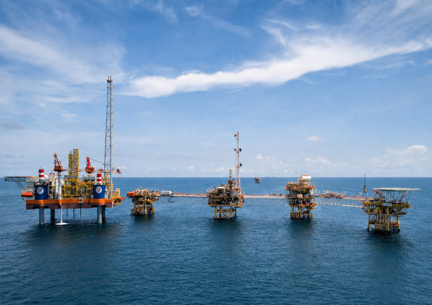 Offshore oil and gas platforms at sea