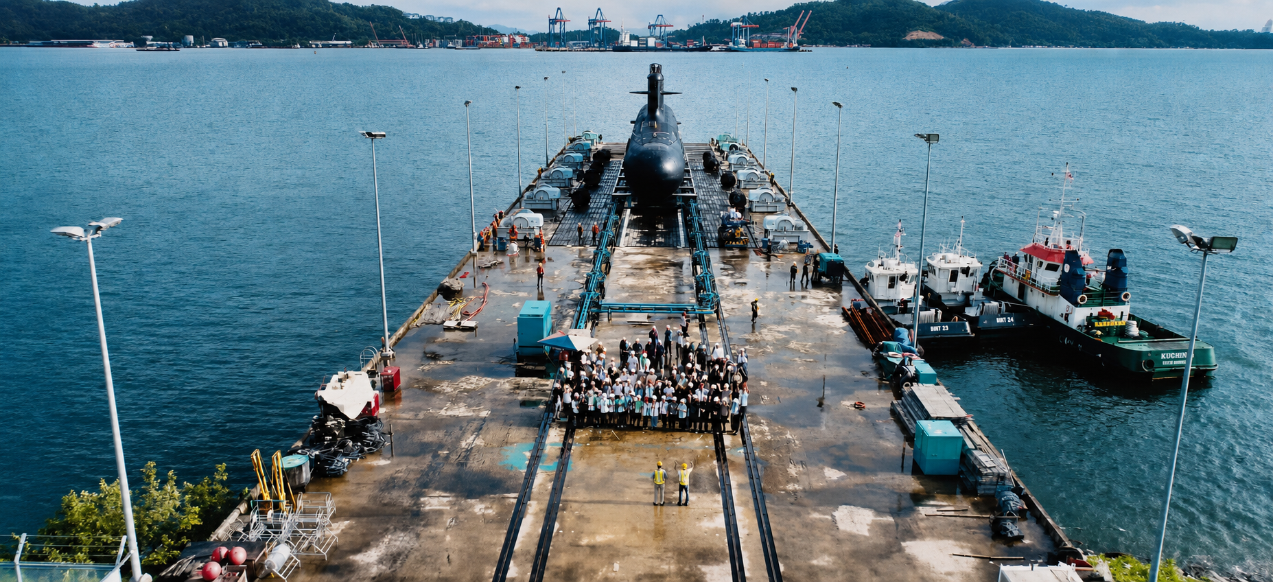 Aerial view of a marine vessel at a port facility