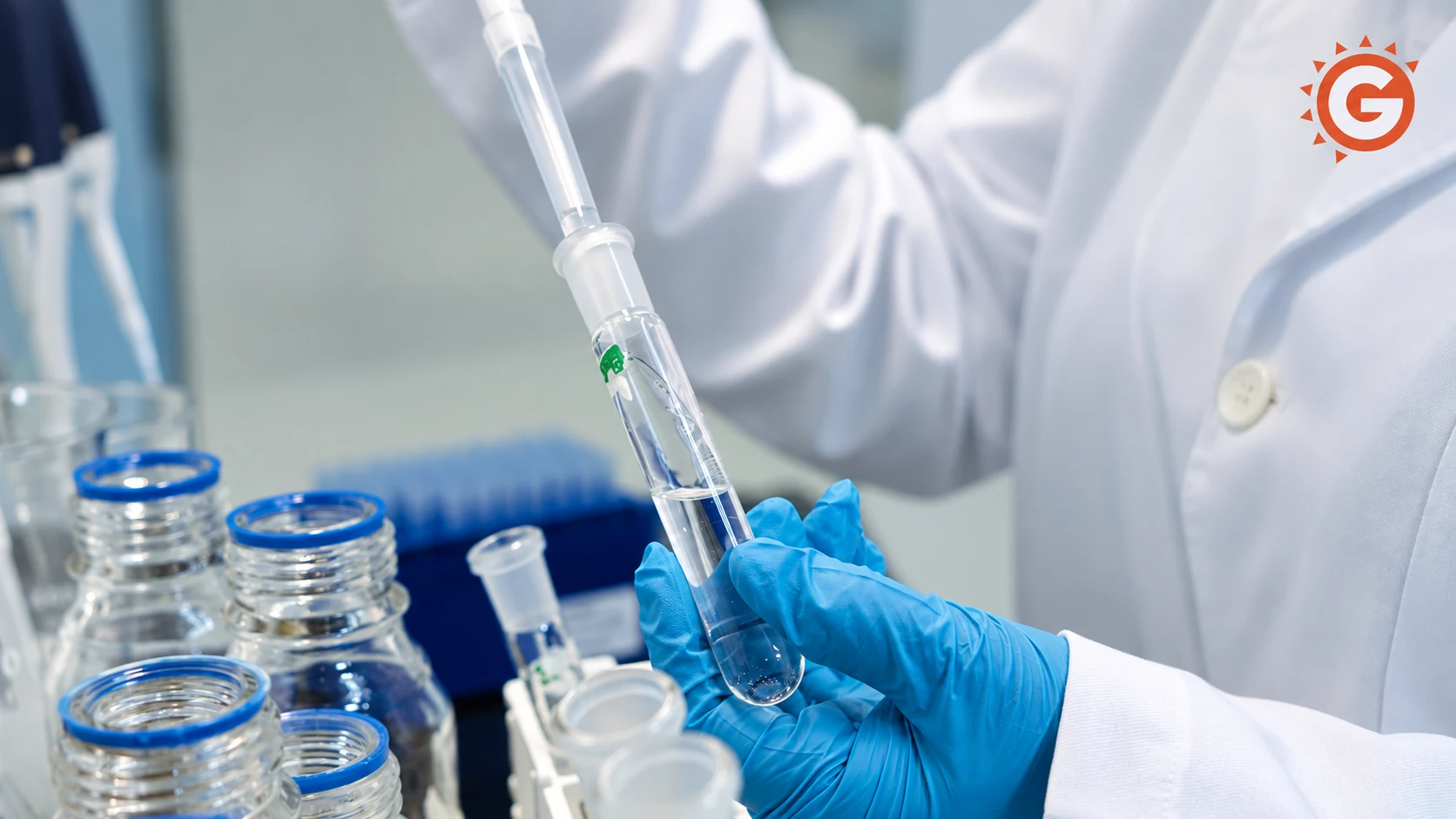 Gloved laboratory specialist using a pipette