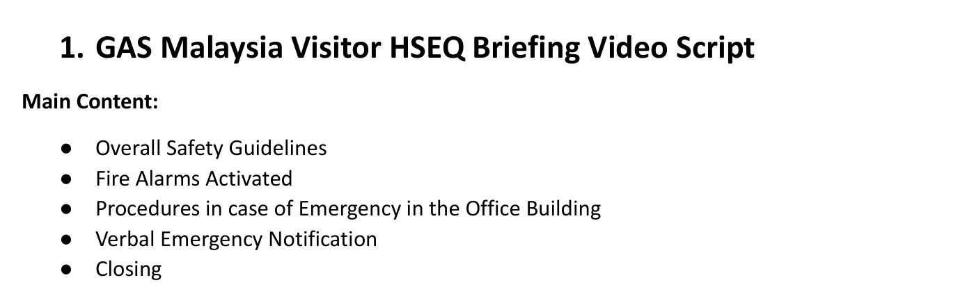 Contents list from the Gas Malaysia Visitor HSEQ Briefing script dated 24 December 2024