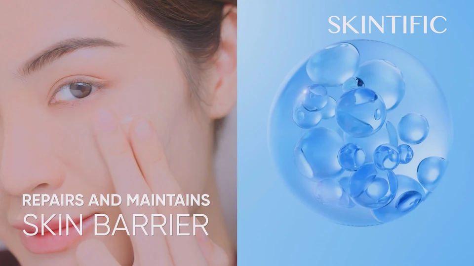 Skintific skincare commercial visual showing cream application and blue product graphics