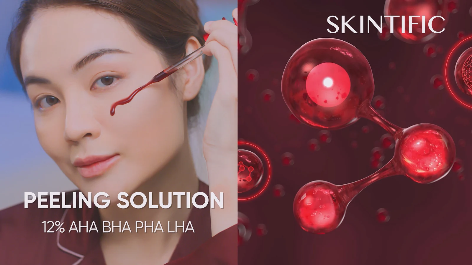 Skintific peeling solution commercial visual featuring skincare application and product graphics