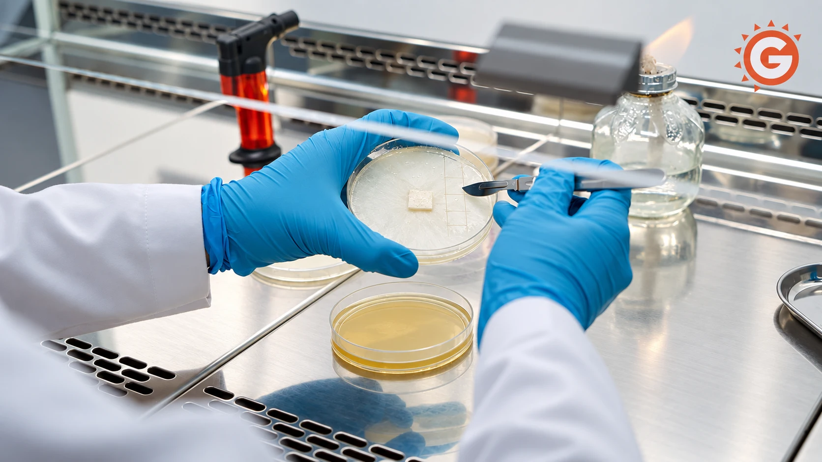 A gloved hand using a pipette above a laboratory dish